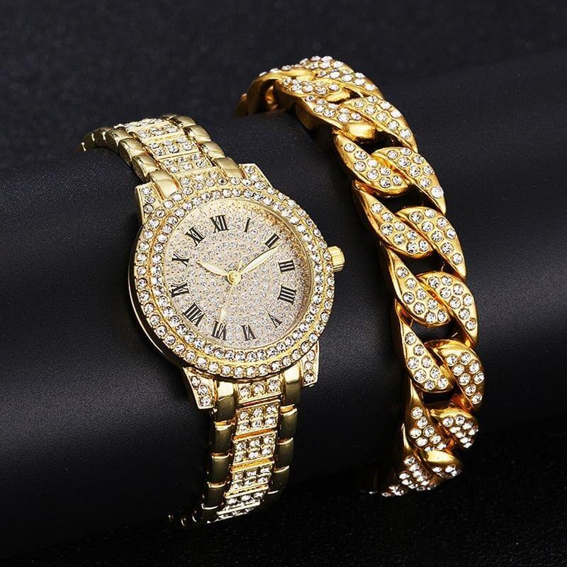 Relógio Feminino Cravejado + Pulseira De Brinde Relógio feminino diamond + pulseira de brinde BlackOn-line dourado A com pulseira dourada 