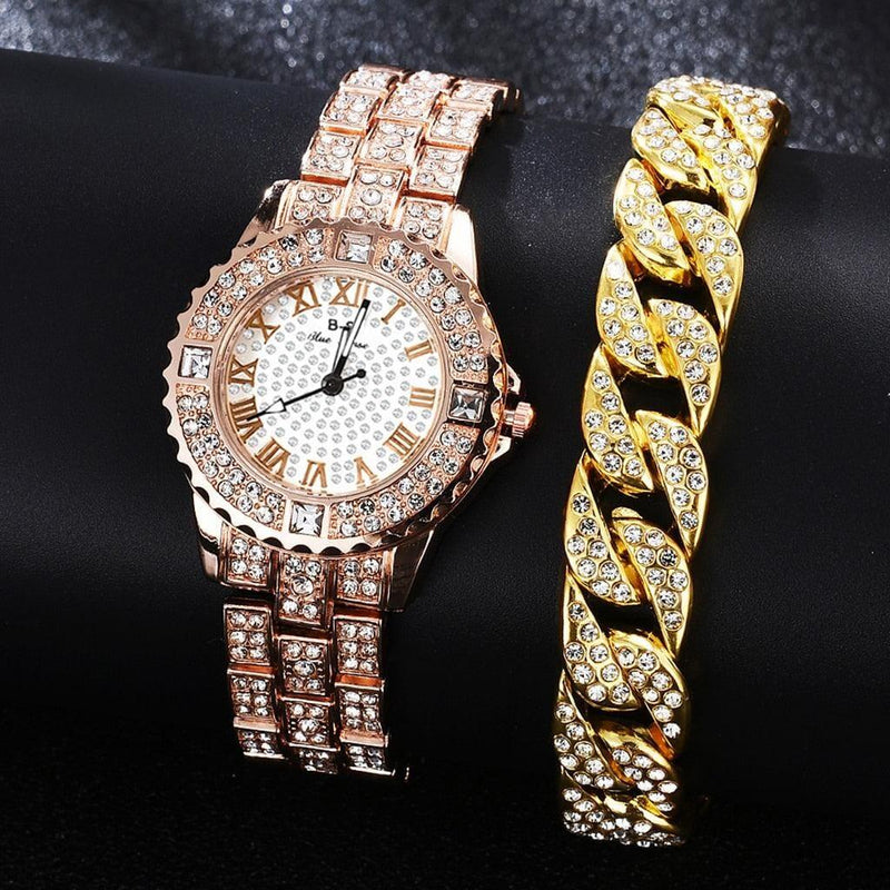 Relógio Feminino Cravejado + Pulseira De Brinde Relógio feminino diamond + pulseira de brinde BlackOn-line rose B com pulseira dourada 