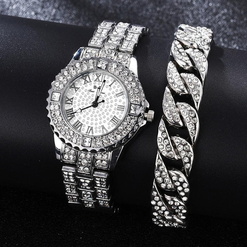 Relógio Feminino Cravejado + Pulseira De Brinde Relógio feminino diamond + pulseira de brinde BlackOn-line prateado B com pulseira prateada 