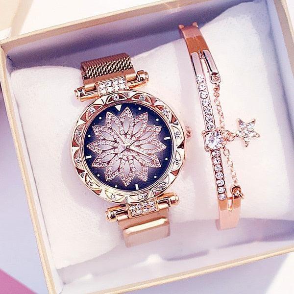 Relógio feminino de flores + bracelete de brinde Relógio feminino de flores + bracelete de brinde BlackOn-line rosa com bracelete 