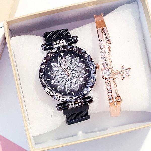 Relógio feminino de flores + bracelete de brinde Relógio feminino de flores + bracelete de brinde BlackOn-line preto com bracelete 