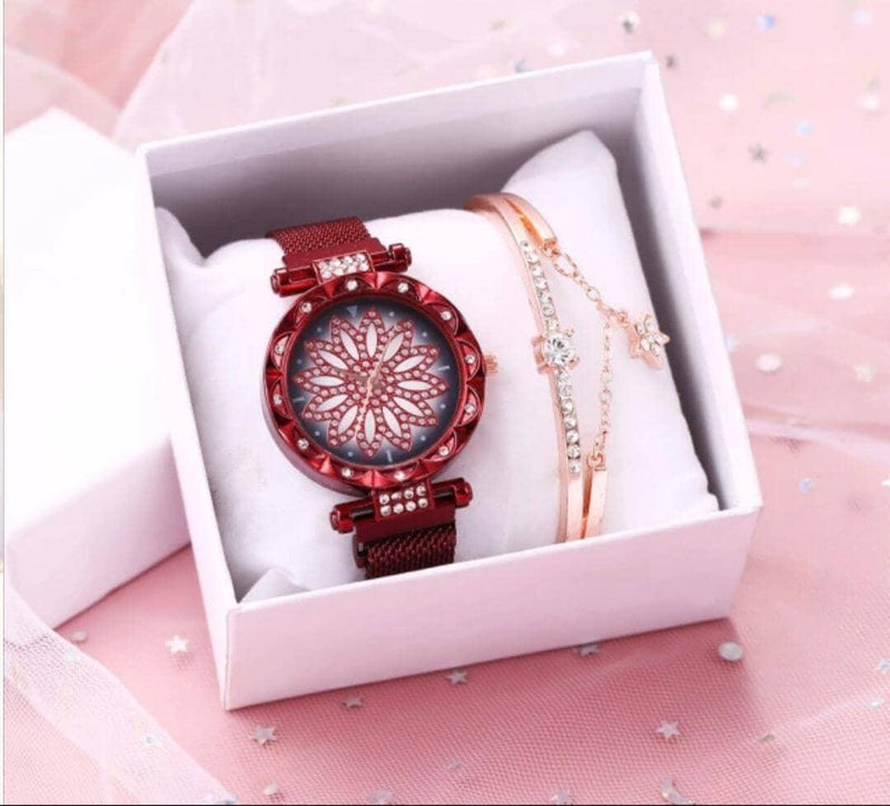 Relógio feminino de flores + bracelete de brinde Relógio feminino de flores + bracelete de brinde BlackOn-line vermelho com bracelete 