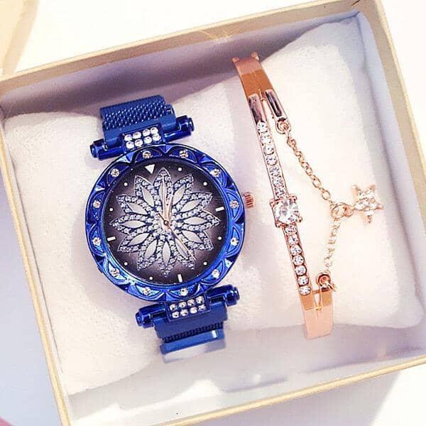 Relógio feminino de flores + bracelete de brinde Relógio feminino de flores + bracelete de brinde BlackOn-line azul com bracelete 