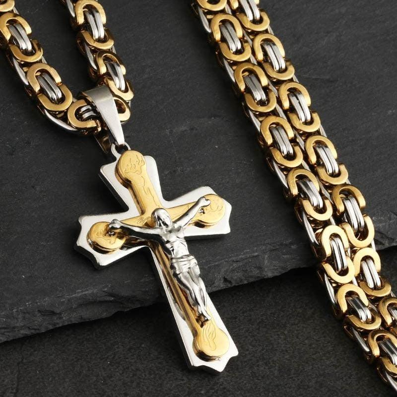 Corrente Com Crucifixo - Proteção Sagrada Corrente Com Crucifixo - Proteção Sagrada Black Online Prata e Dourado 55cm 
