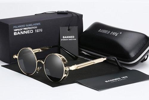 Óculos de sol masculino redondo - Banned 1976 Óculos de sol masculino redondo - Banned 1976 BlackOn-line dourado e preto na caixa 