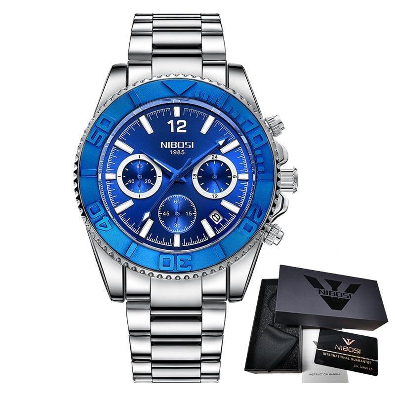 Relógio Masculino Nibosi De Luxo Relógio Masculino Nibosi De Luxo Black Online Azul e Prata 